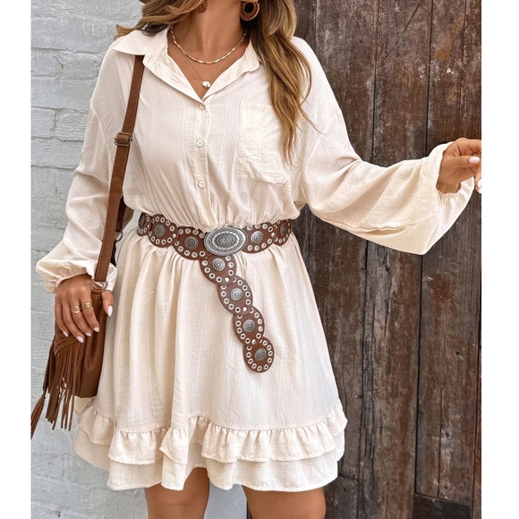 Plus Half Button Pocket Ruffle Hem Long Sleeve Dress - Picture 4 of 5